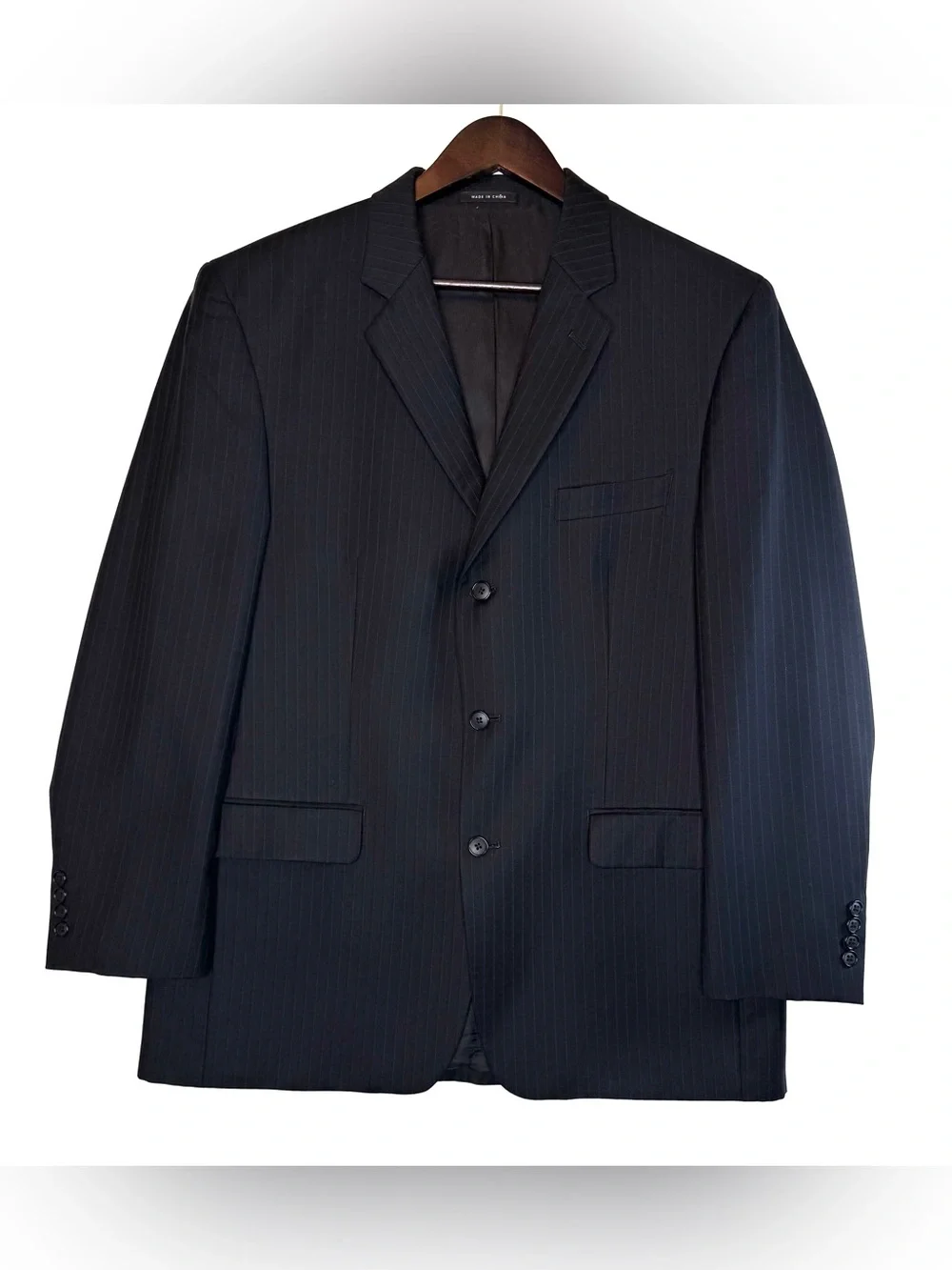 Joseph Abboud suit blazer jacket black pinstripe measures size 44R wool Party